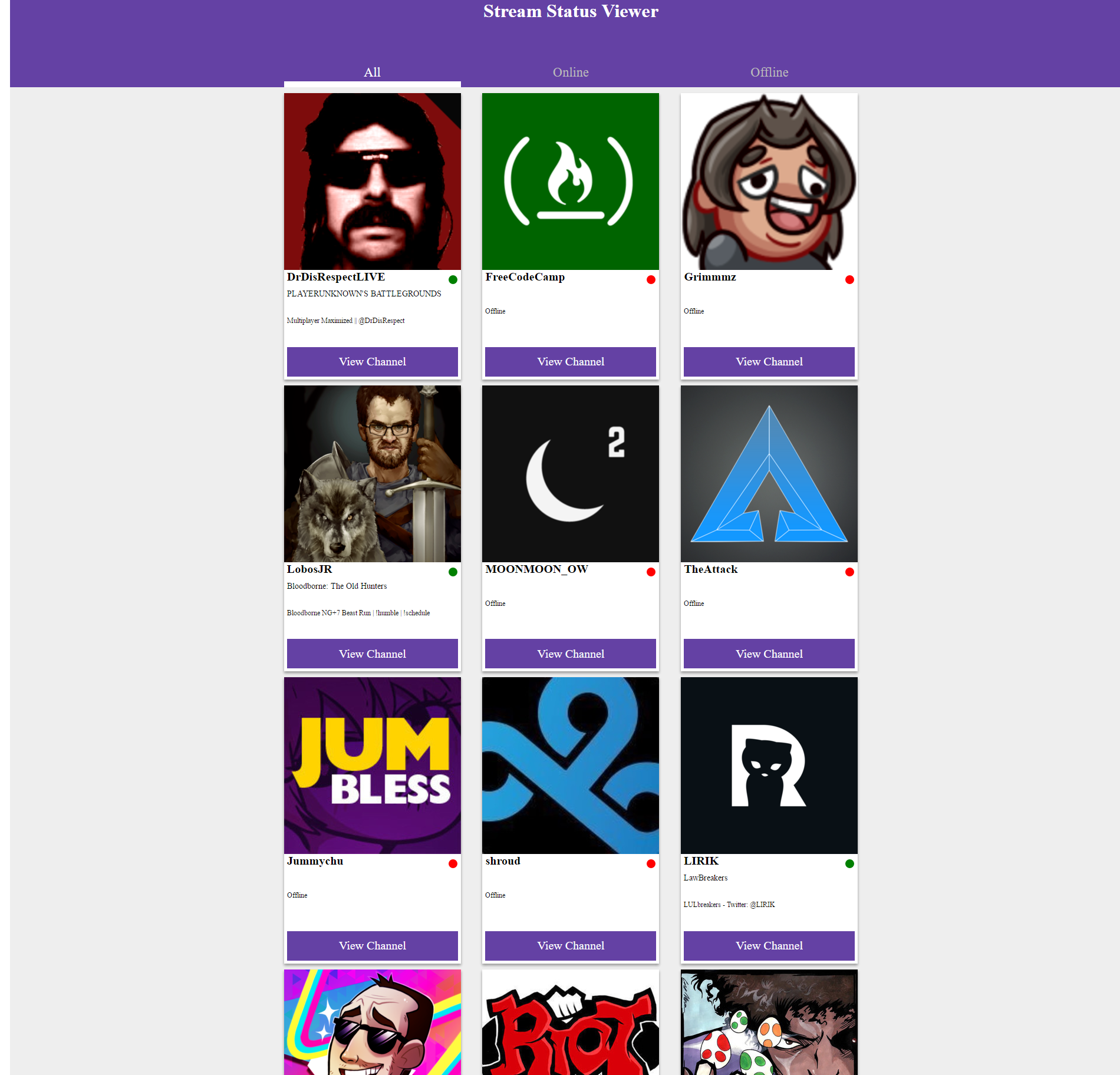 Screenshot of my twitch streamers project / website.